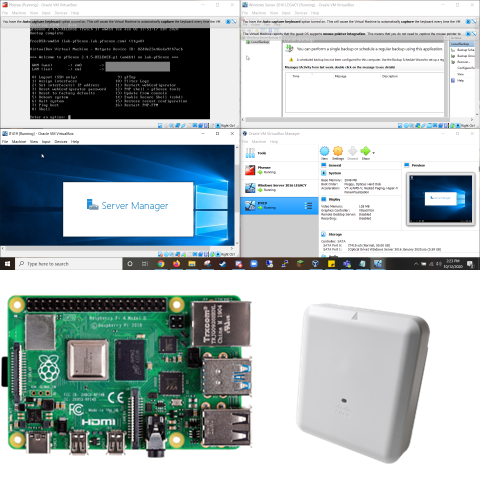 A screenshot of multiple virtual machines with
					a Raspberry Pi 4B and Cisco AP under the screenshot